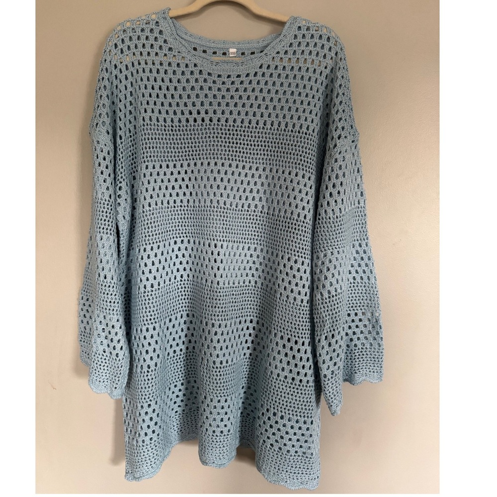 Oversized Crochet Knit Cover Up Top Light Blue Sweater Beach Summer